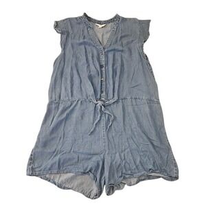 LC Lauren Conrad Romper Women XXL Blue Denim Button Tie Waist Casual Comfy